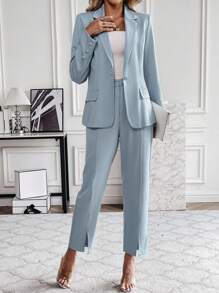 SHEIN Clasi Solid Single Button Blazer & Split Hem Pants - Blue - View 1