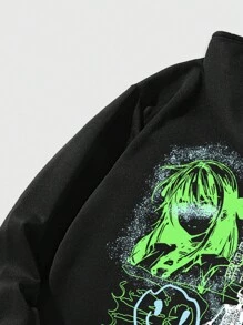 ROMWE MEN Anime 男士字母及人物印花連帽衫 - 黑色 - 查看 4