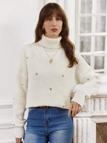 SHEIN Frenchy Women's Heart Embroidery Turtleneck Sweater Winter White Casual - White - View 1