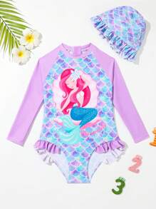 Young Girl Long Sleeve One-Piece Swimwear With Swim Cap, Suitable For Beach, Pool, And Indoor Swimming - Multicolor - View 1