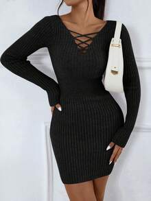 SHEIN Essnce 女用交錯領修身針織連衣裙 - 黑色 - 查看 5