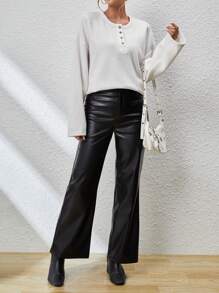 SHEIN Essnce 女式纯色落肩纽扣细节 T 恤 - 米色 - 查看 4