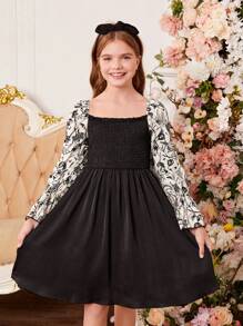 Tween Girl Floral Print Flounce Sleeve Dress - Black - View 3