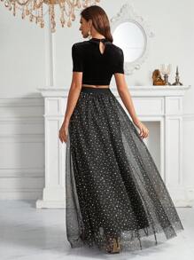 SHEIN Belle Velvet Crop Tee & Mesh Overlay Skirt - Black - View 2