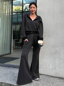 DAZY Women's Letter Print Drawstring Hoodie And Flare Pants 2pcs Set Tracksuits Women Set Lounge Sets For Women