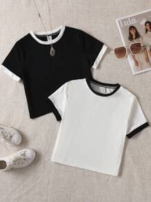 Sparklyn Tween Girl 2pcs/Set Short Knit T-Shirt With Color Block - Black and White - View 1