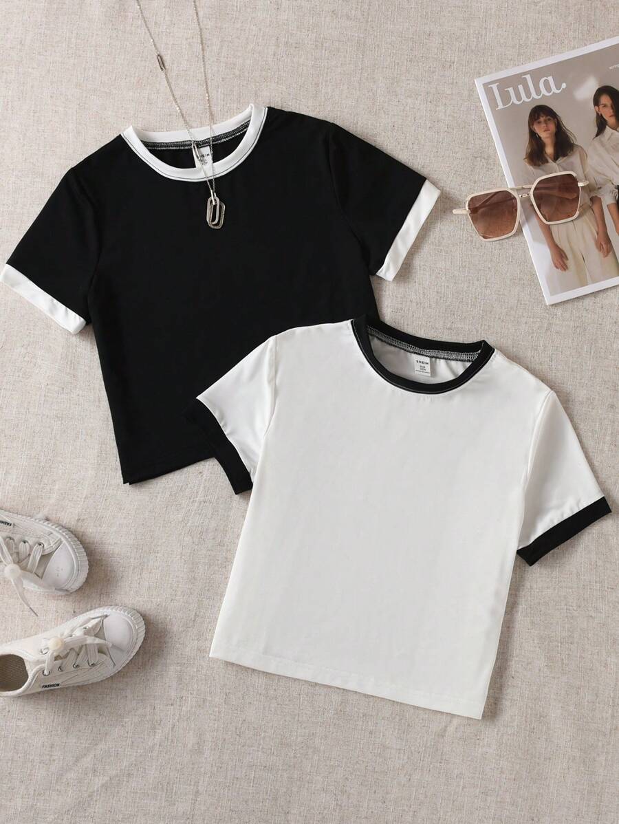 Sparklyn Tween Girl 2pcs/Set Short Knit T-Shirt With Color Block - Black and White - View 1