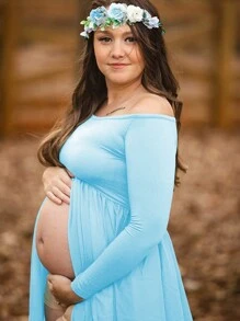 孕妇超长摄影连衣裙，雪纺拼接，前开衩，长袖，适合孕妇拍摄 - 淺藍色 - 查看 5