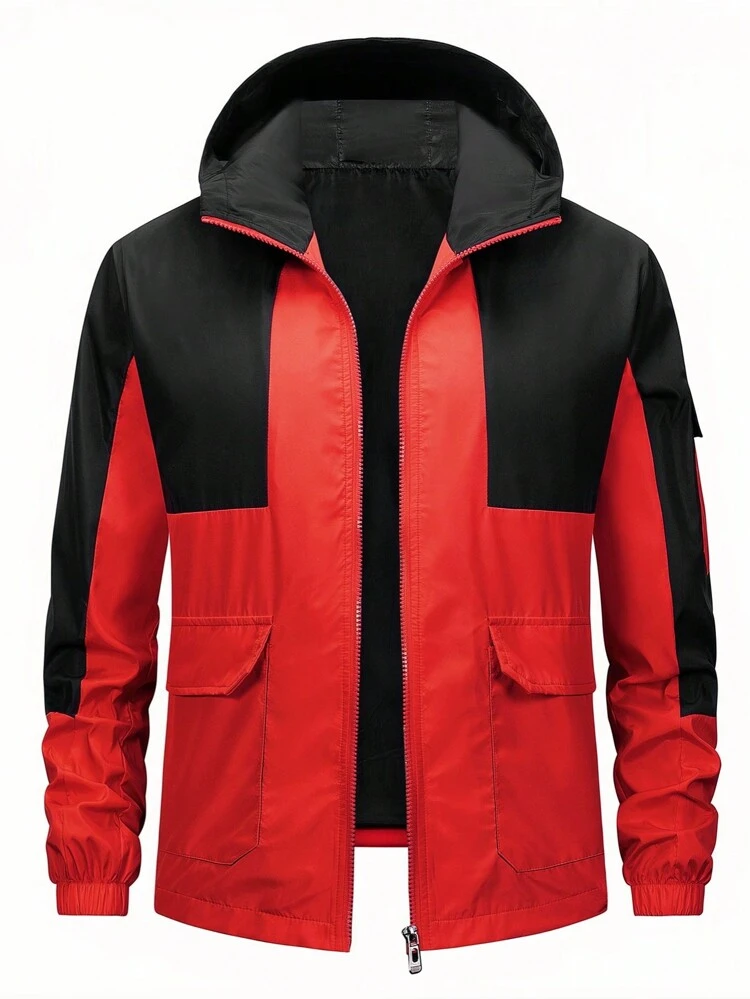 Loose Fit Men's Colorblock Hooded Jacket With Flap Pockets