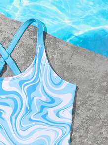 Tween Girl Marble Print Tank Top & Shorts Tankini Set - Multicolor - View 4