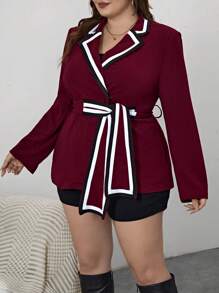SHEIN Privé Talla grande Blazer unido en contraste con cinturón - Burdeos - Ver 6