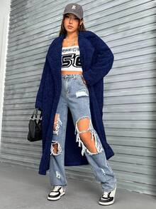 SHEIN Coolane Fluffy Long Coat With Oversized Collar - Navy Blue - View 3