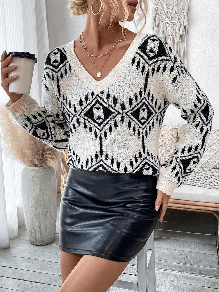 Geometric Pattern V-Neck Knit Pullover Fall Winter Sweater