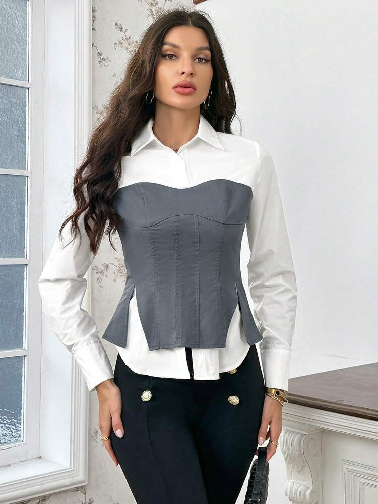 Women's Crop Top With Contrast Collar And 2 In 1 Shirt Design
