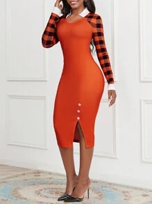 SHEIN Lady In kẻ sọc Buffalo Tay Raglan Tách đùi Đầm - Nhiều màu - Xem 6
