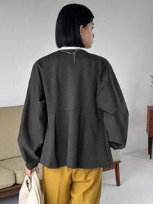 FRIFUL Chất rắn Nút phía trước áo - Xám - Xem 2