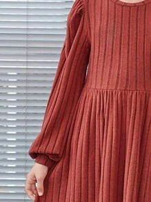 SHEIN Tween Girl Rib-Knit Round Neck Pullover Lantern Sleeve Solid Long Dress - Rust Brown - View 3