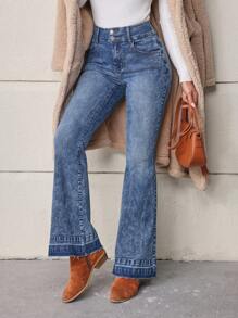 SHEIN LUNE Jeans évasés effilochés avec poches latérales pour femmes - Bleu azur - Voir 1