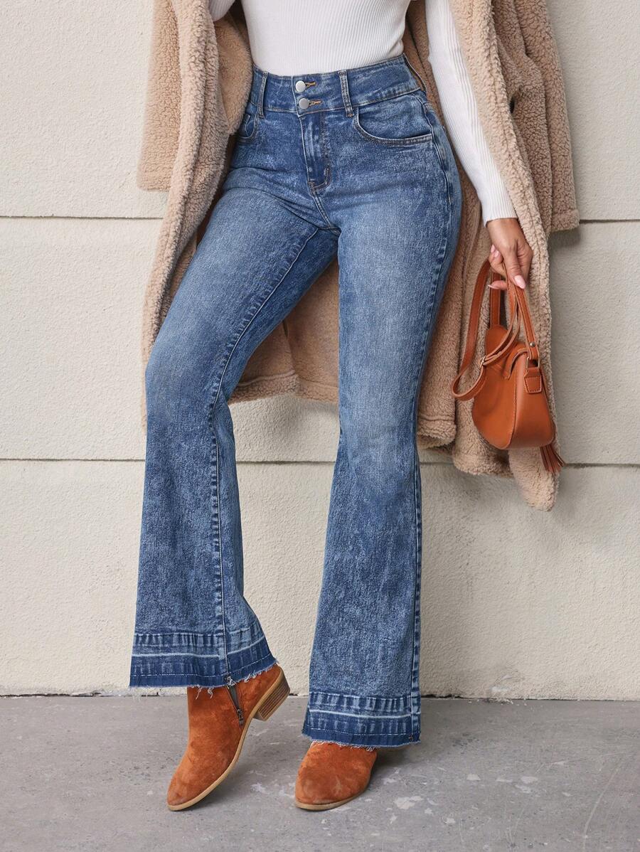 SHEIN LUNE Jeans évasés effilochés avec poches latérales pour femmes - Bleu azur - Voir 1