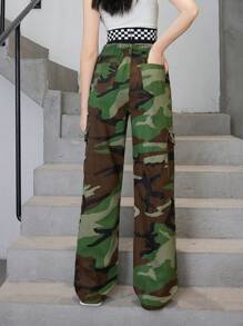 SHEIN 少女休閒時尚復古迷彩牛仔褲長褲