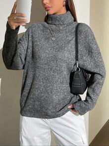 SHEIN EZwear Women's High Neck Drop Shoulder T-shirt - Dark Grey - View 5