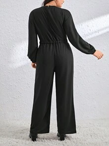 SHEIN Essnce 加大尺寸束腰連身褲 - 黑色 - 查看 2