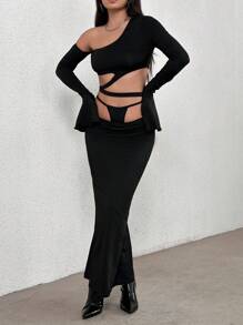 SHEIN Unity Women's Asymmetric Collar, Bell Sleeve, Cropped Top And Mermaid Hem Skirt Set - Black - View 1