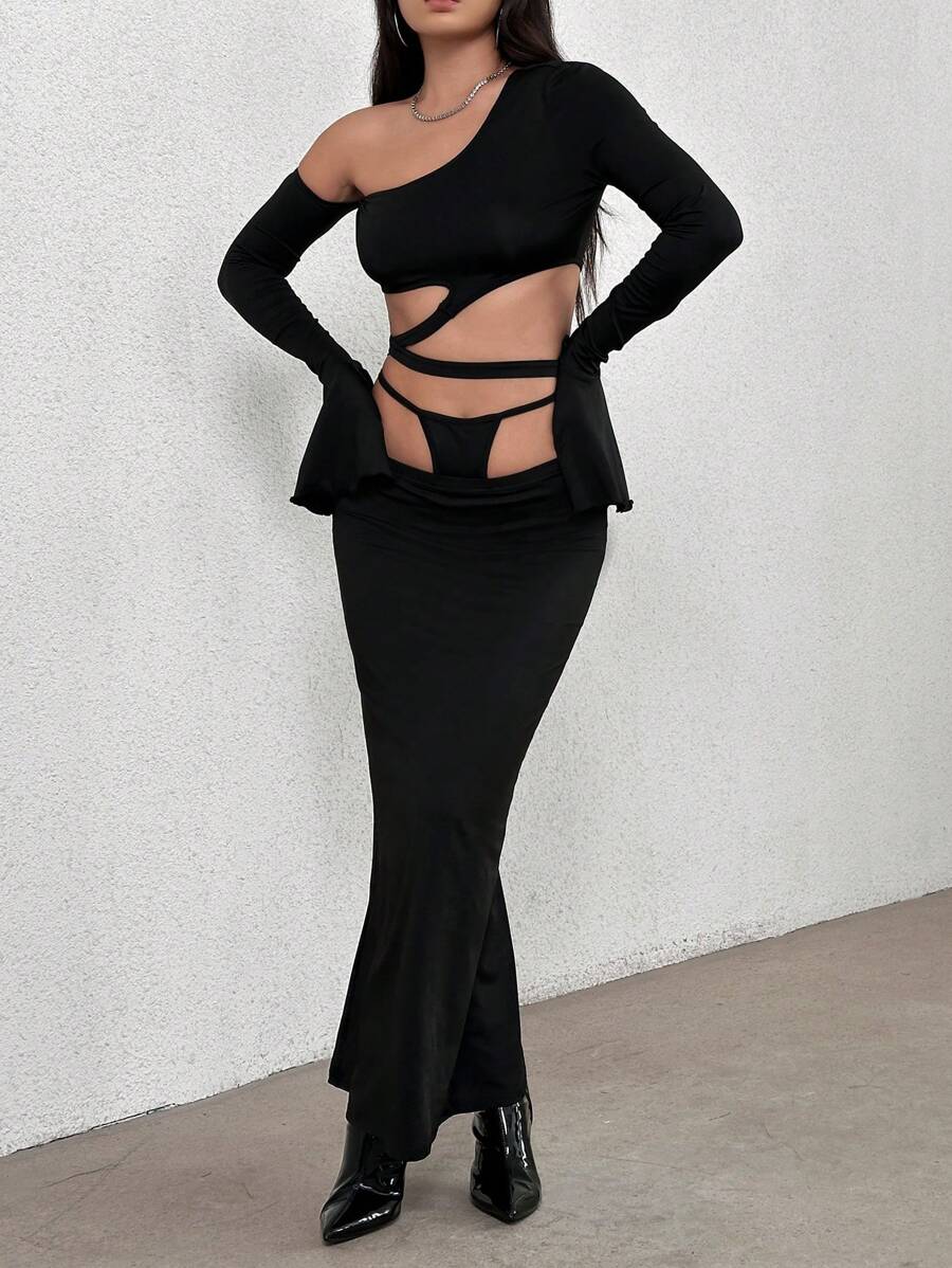 SHEIN Unity Women's Asymmetric Collar, Bell Sleeve, Cropped Top And Mermaid Hem Skirt Set - Black - View 1