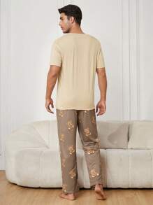 Men's Cartoon Bear Patterned Short Sleeve Pullover Top And Long Pants Homewear Set