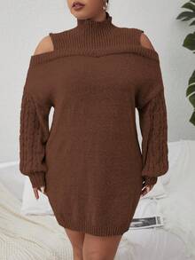 Celure Plus Cold Shoulder Cable Knit Sweater Dress Without Belt - Coffee Brown - View 5