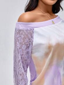 MCiro Designer Batik Kontrast Spitze Raglanärmel Oberteil, für Urlaub, Ausflug, Frühling, Ausgehen, Festival, Ibiza Passform