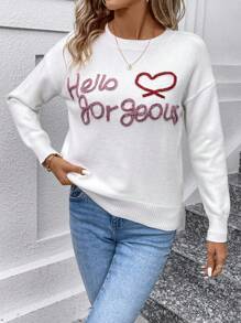SHEIN LUNE Heart & Slogan Pattern Drop Shoulder Sweater - White - View 4