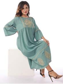 女式拼色刺绣圆领阿拉伯风格连衣裙 - 水鴨藍 - 查看 5