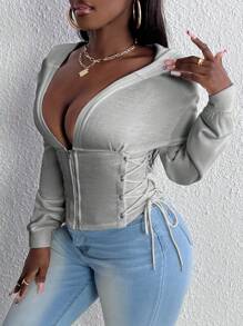 Slaydiva Áo hoodie có khóa kéo bên hông, buộc dây và khoen kim loại - Màu Xám nhạt - Xem 4