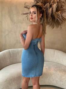 SHEIN SXY Fuzzy Trim Tube Denim Dress - Light Wash - View 2