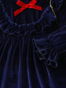 SHEIN Young Girl Ruffle Trimmed Ribbon & Bow Decorated Dress - Navy Blue - View 5