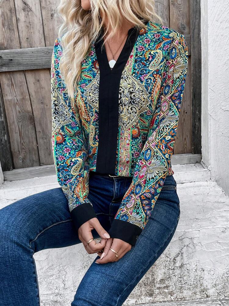 Paisley Print Contrast Trim Blouse Fall Cloth For Women