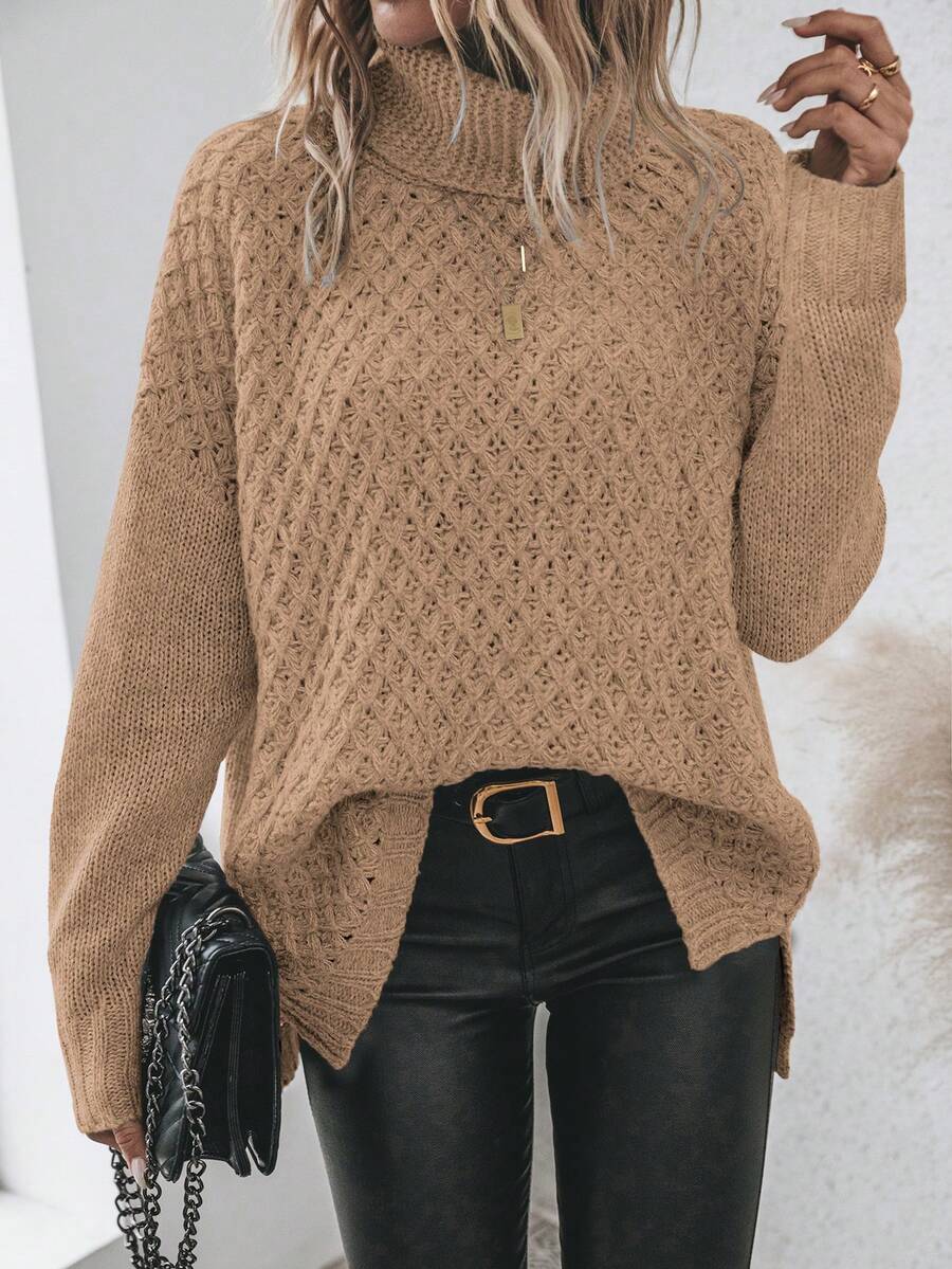 SHEIN LUNE High Neck Drop Shoulder Sleeve Sweater - Khaki - View 1