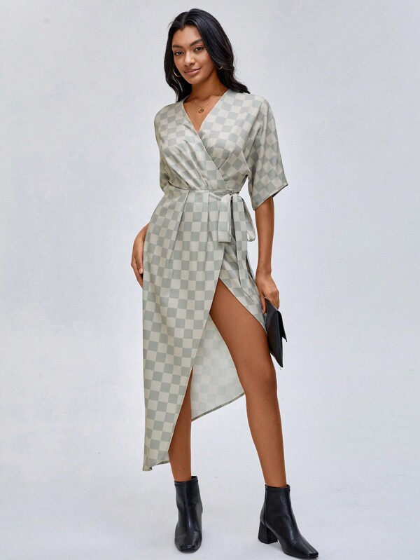 Elonson Collection Designer Plaid Print Wrap Knot Side Dress,Elegant Dress,Fall ,For Autumn, Holiday, Vacation