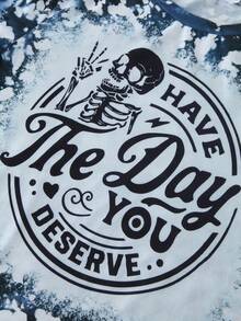 SHEIN LUNE Áo thun in khẩu hiệu Tie Dye Graphic Tee Áo thun in hình phụ nữ - Màu xanh bụi bặm - Xem 4