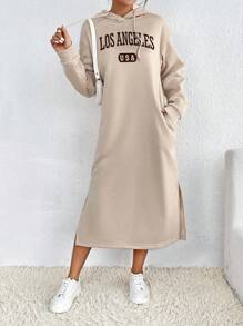 SHEIN Essnce 女款字母印花抽繩腰連帽衛衣連身裙,冬季 - 杏色 - 查看 6