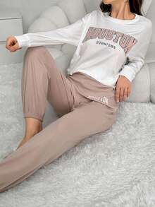 Letter Graphic Drop Shoulder Lounge Set - Khaki - View 4