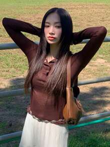 DAZY Women's Long Sleeve T-Shirt Sheer,Fall Women Clothes Turtleneck Women - Brown - View 7