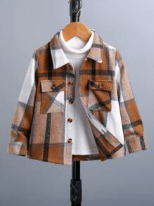 小男孩格子长袖休闲拼布单排扣衬衫 - 棕色 - 查看 1