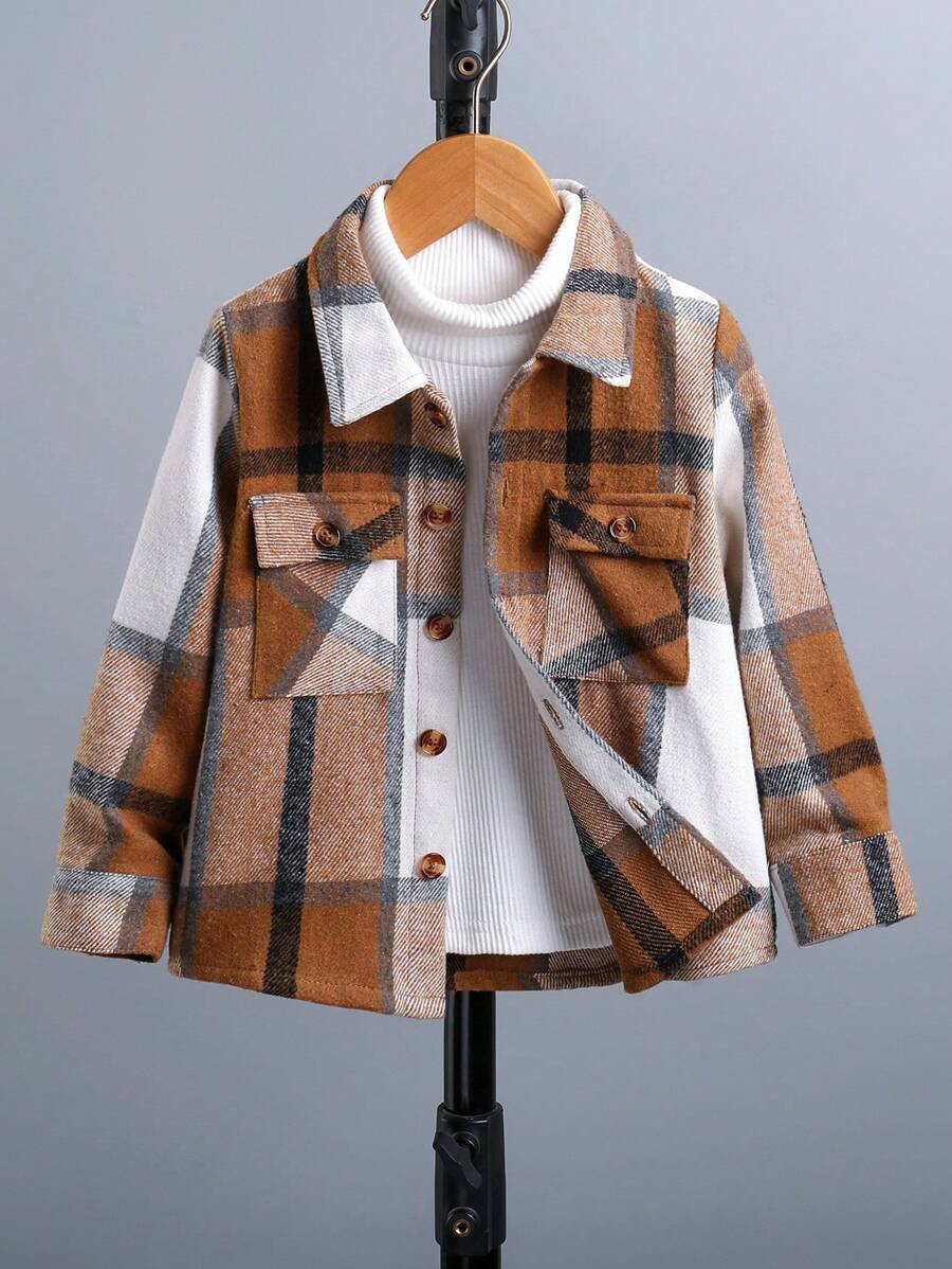 小男孩格子长袖休闲拼布单排扣衬衫 - 棕色 - 查看 1