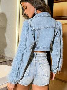SHEIN BAE Vá lại Ngắn Áo khoác denim - Màu xanh lam - Xem 2