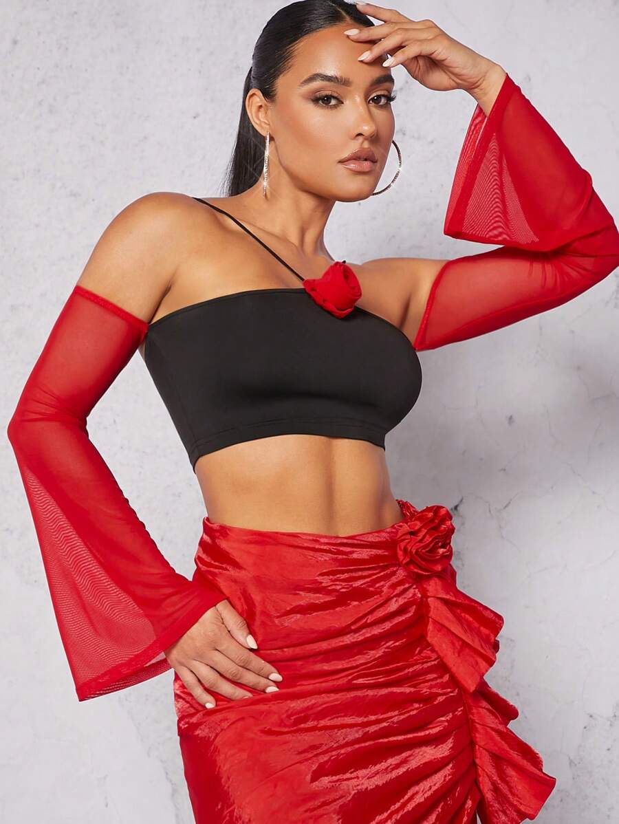 Hauture 3D 玫瑰花结对比喇叭袖上衣