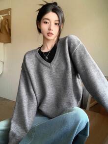 Dazy Star Của phụ nữ Thả vai Áo len - Xám - Xem 6