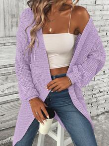 SHEIN LUNE Màu thuần Lỏng lẻo phù hợp Thả vai Mở Mặt trước Áo len Mở Đối với Giải trí Mặc - Màu tím - Xem 3