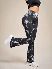 SHEIN Sports Tie-dye Flare Pants Sports Leggings - Black and White - View 1